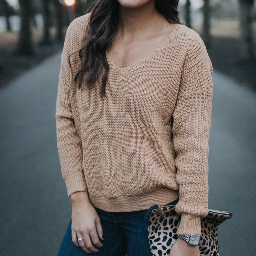 TAN TWIST KNOT KNIT VEGAN SWEATER TOP